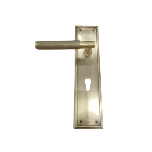 Brass Door Handle Knurling on Plate - 12" - Antique Brass Finish