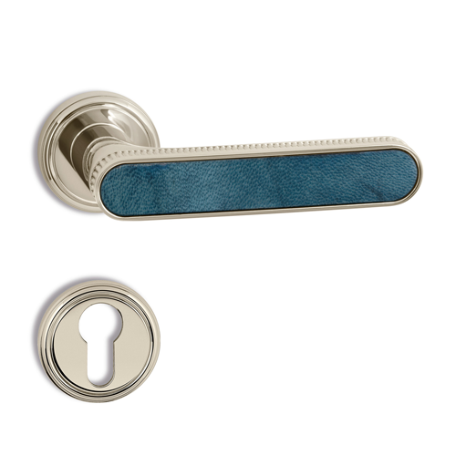 KRONE Sartorial Door Lever Handle on rose - Insert Blue Parchment Leather Polished Nickel Finish Finish
