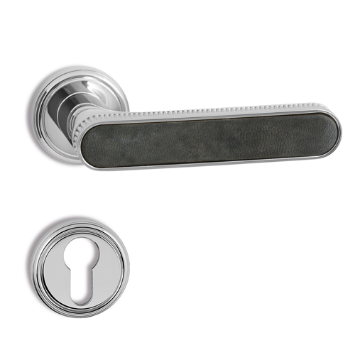 KRONE Sartorial Door Lever Handle on rose - Insert Grey Parchment Leather Polished champagne gold plated Finish